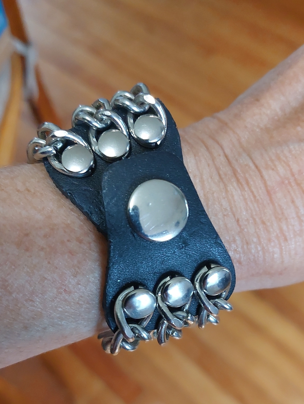 💚5/$25 Chunky Biker Silver Chain Black PU Leather Bracelet Snap 7.5